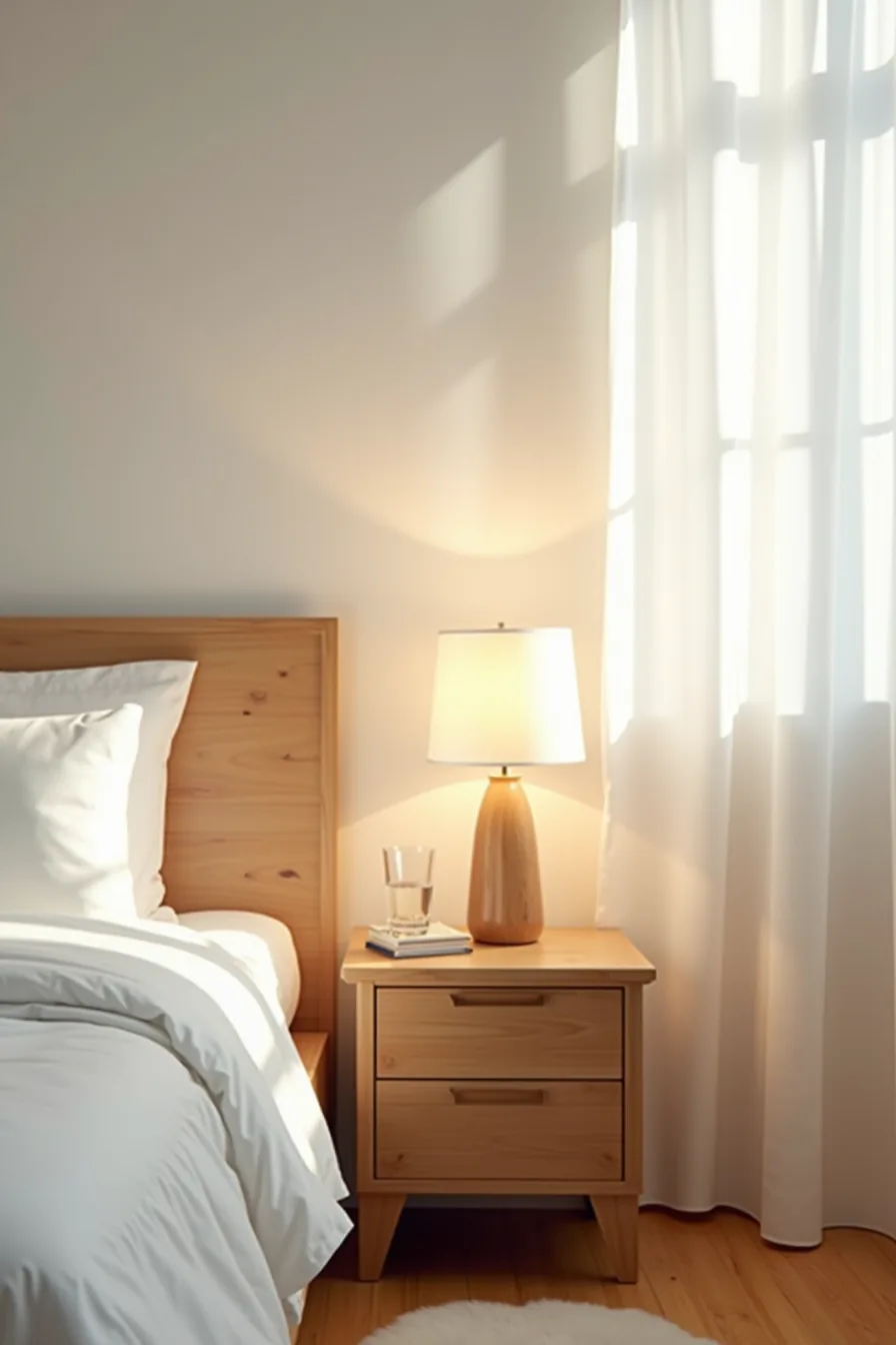 Sealed wood nightstand with lamp and water glass, flooring transition to washable mat, and wipeable wall finish.