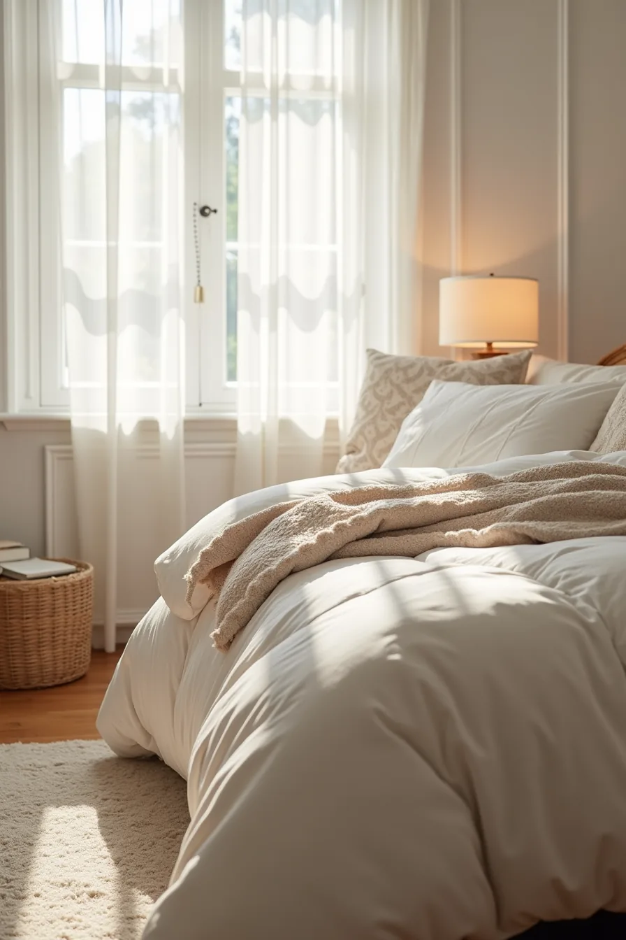 Layered bed with duvet, patterned pillows, quilted throw, and plush area rug extending to the floor.