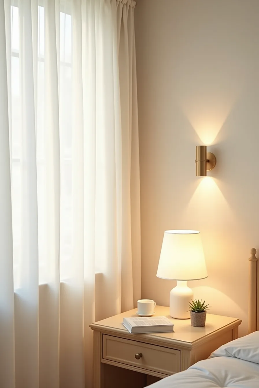 Nightstand with a table lamp, wall-mounted reading sconce, and small accent light creating layered illumination.