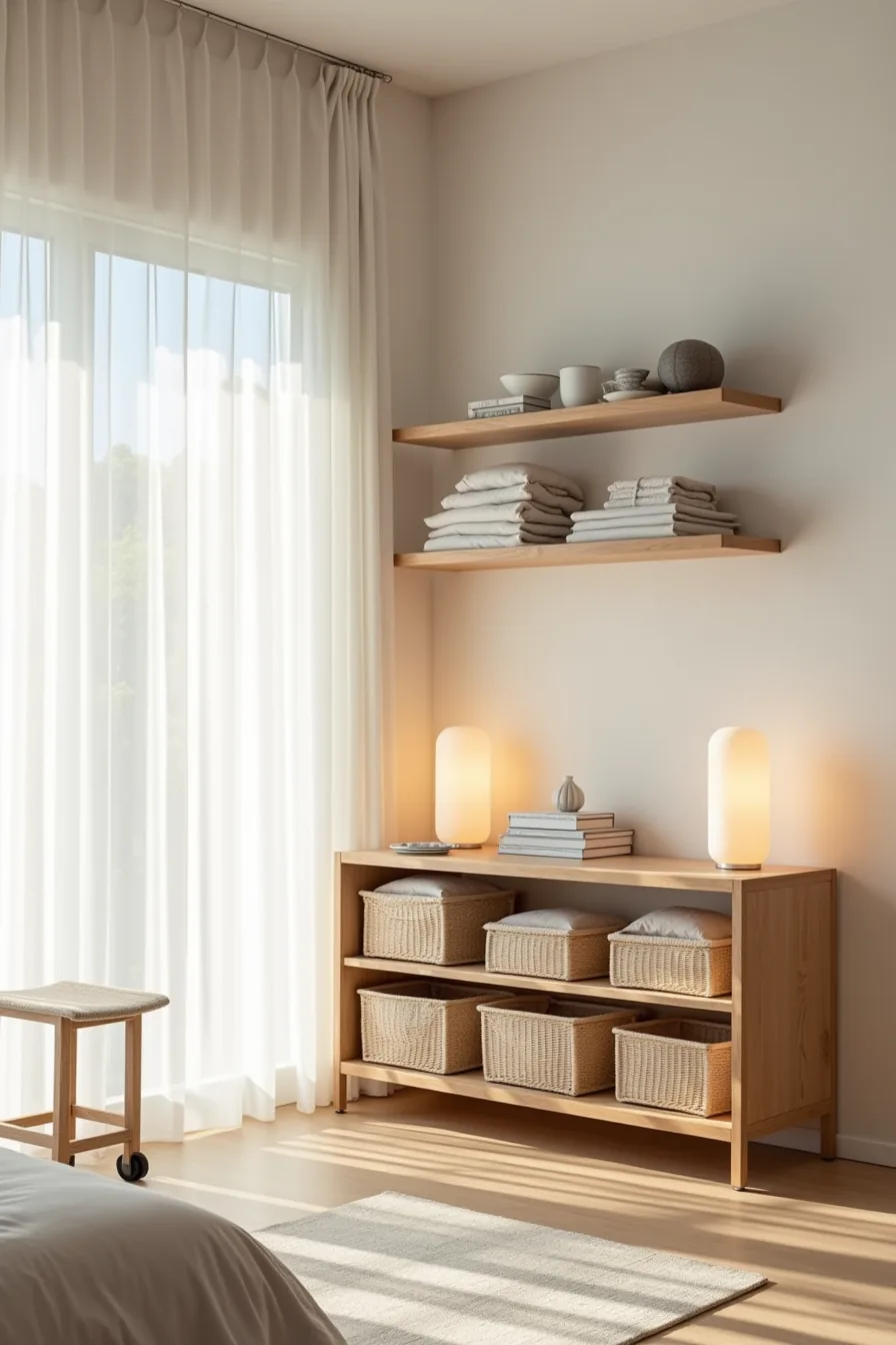 Wall-mounted shelves above a dresser with woven baskets and folded clothing, rolling cart beside the dresser.