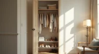 Narrow closet with mismatched hangers, stacked clothes on wire shelf, shoes scattered on floor, and partially open door.