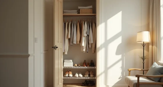 Narrow closet with mismatched hangers, stacked clothes on wire shelf, shoes scattered on floor, and partially open door.