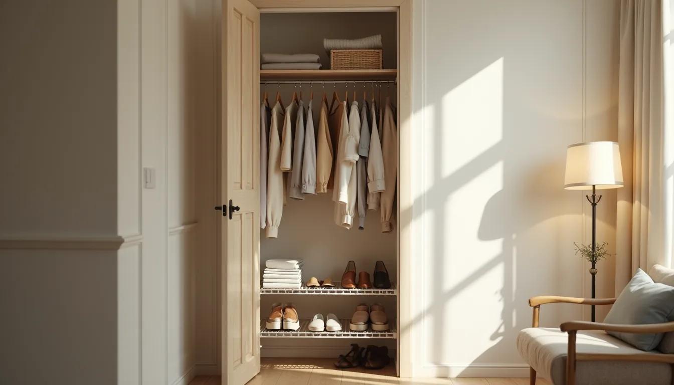 Narrow closet with mismatched hangers, stacked clothes on wire shelf, shoes scattered on floor, and partially open door.
