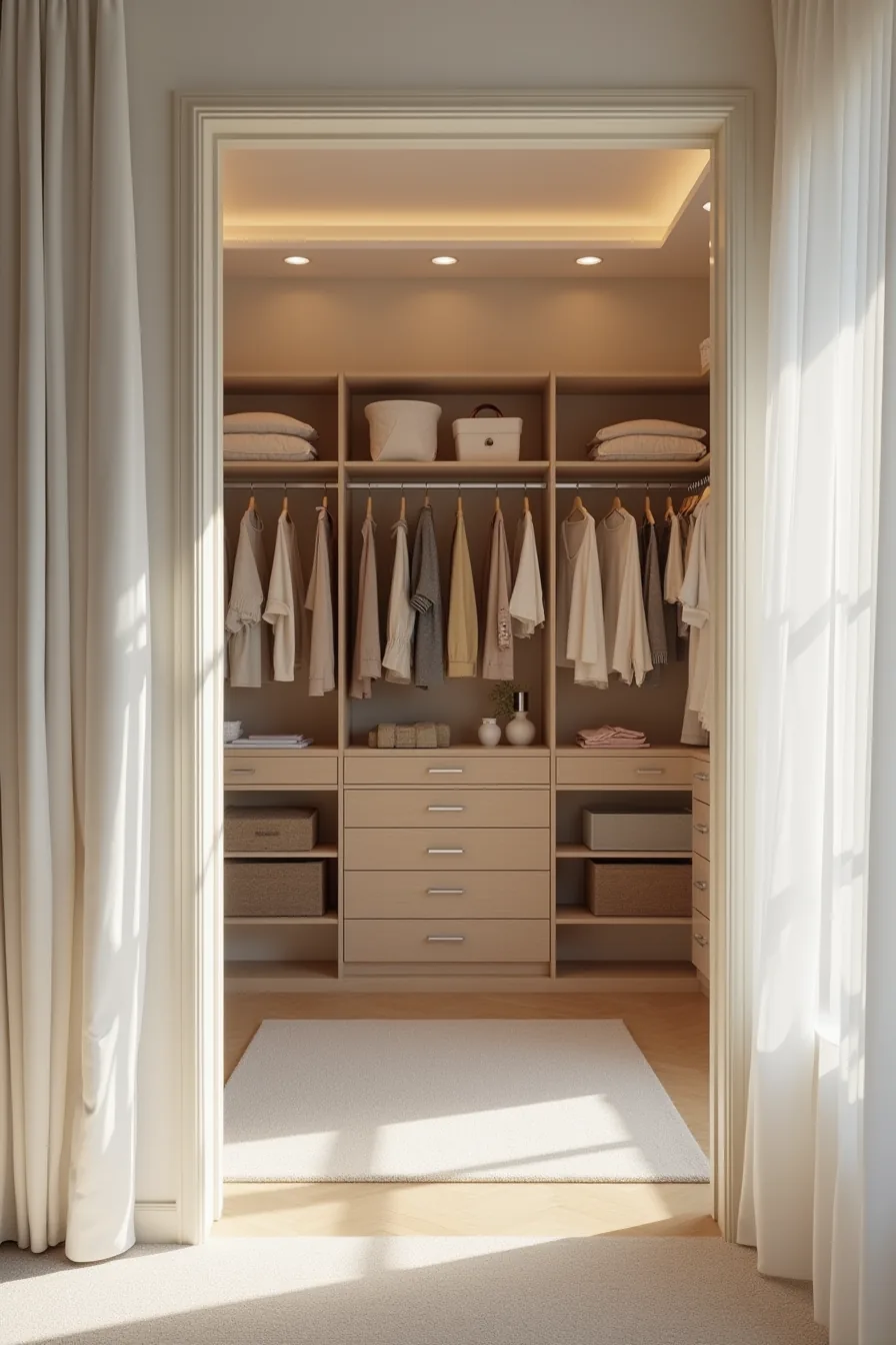 Complete closet interior with custom shelving, adjustable brackets, three hanging rods at different heights, and fitted