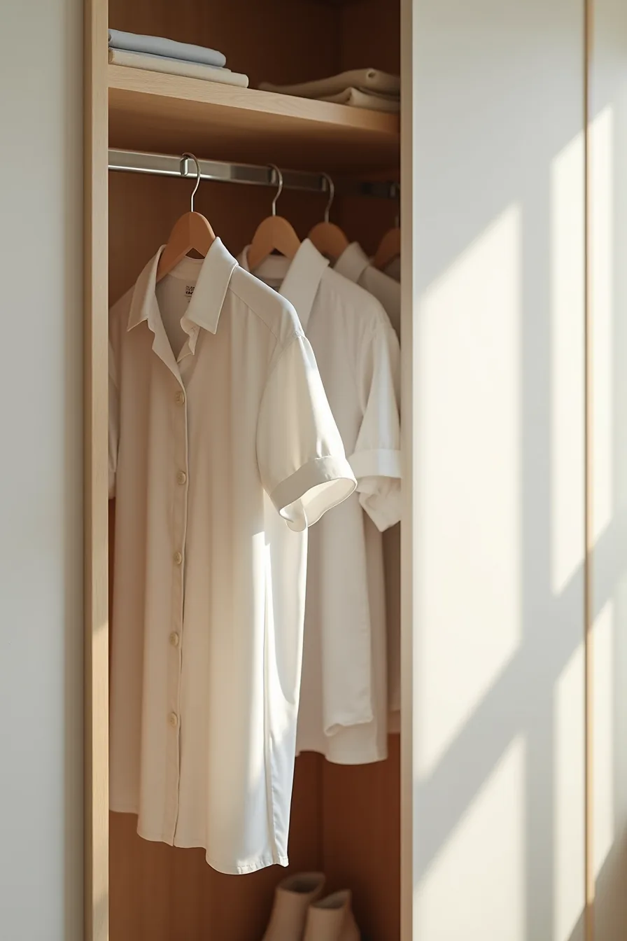 Two metal hanging rods stacked vertically holding dress shirts, blouses, pants, and skirts with visible metal brackets.