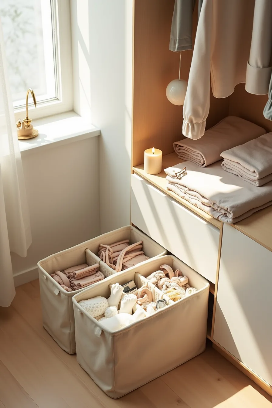 Three fabric storage bins on closet floor divided into sections holding socks, undergarments, and accessories.