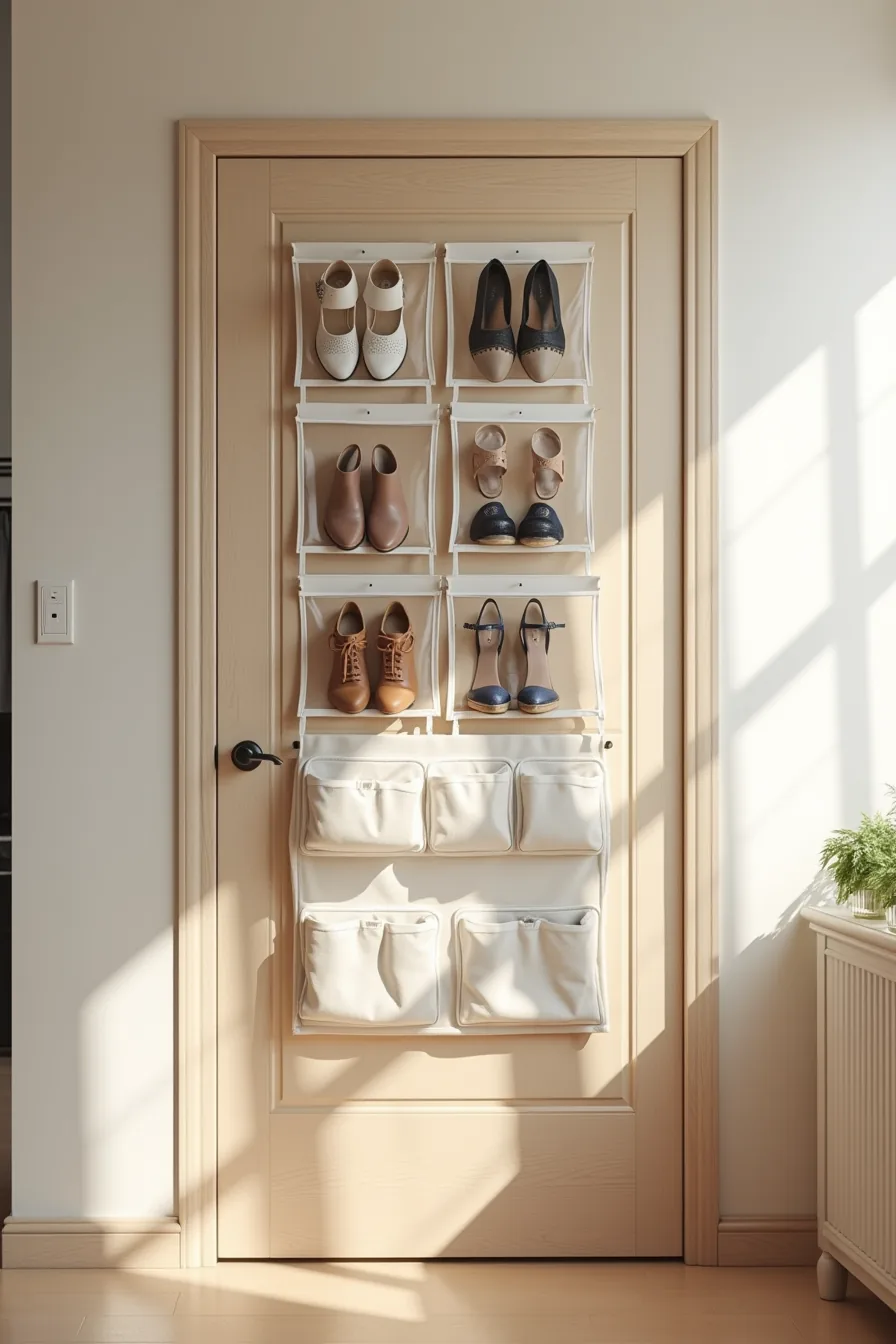 Closet door with clear-pocket shoe organizer and hanging fabric organizer with multiple pockets holding shoes and