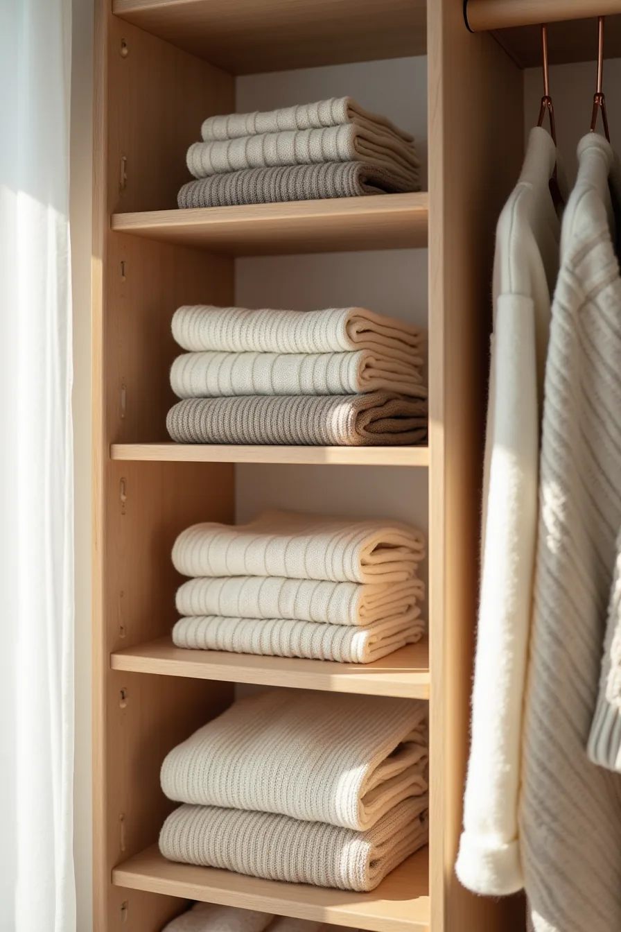 Closet shelf with neatly stacked sweaters and knits separated by three wooden dividers into organized columns.