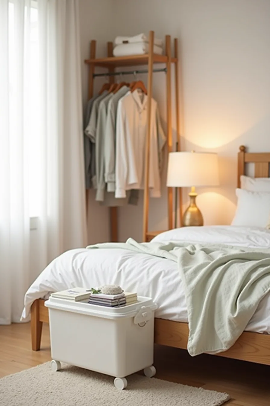 Bed frame with rolling plastic storage container underneath and closet rod behind holding summer garments.