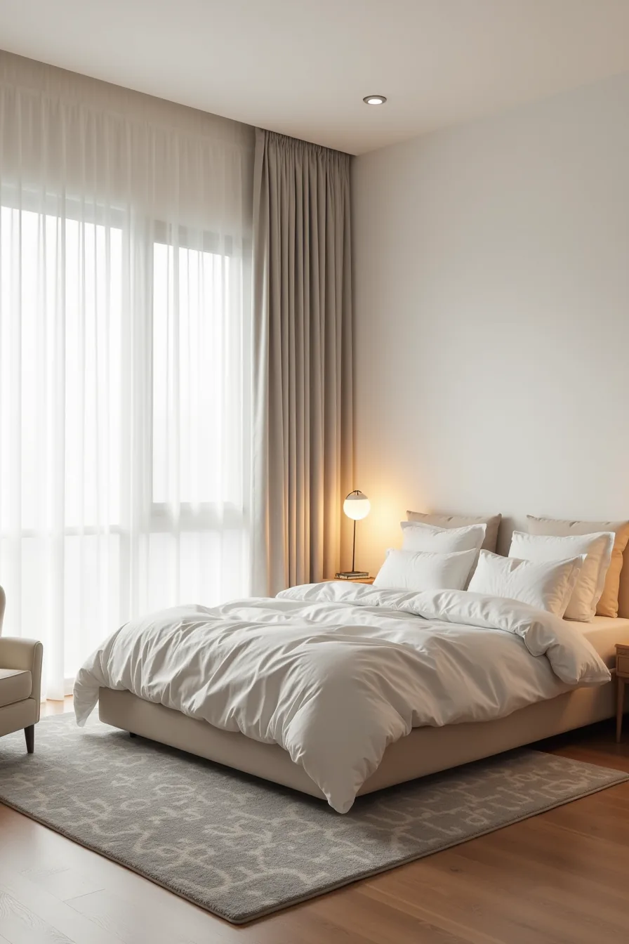 A gray geometric patterned rug anchors a pale bedroom with a cream accent chair positioned nearby.
