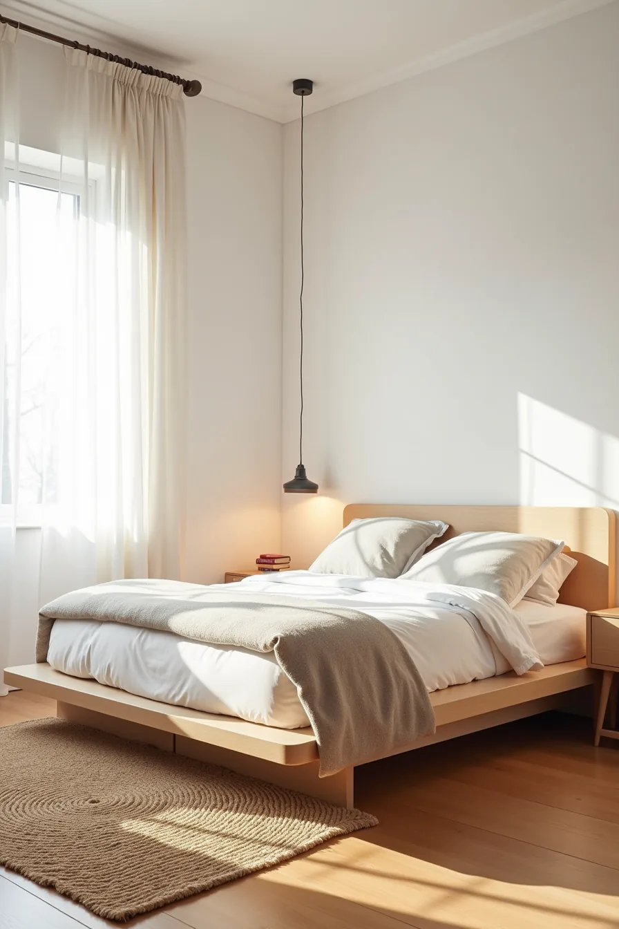 Jute rug lies fully under a platform bed with wood floor visible around its edges and a pendant light overhead.