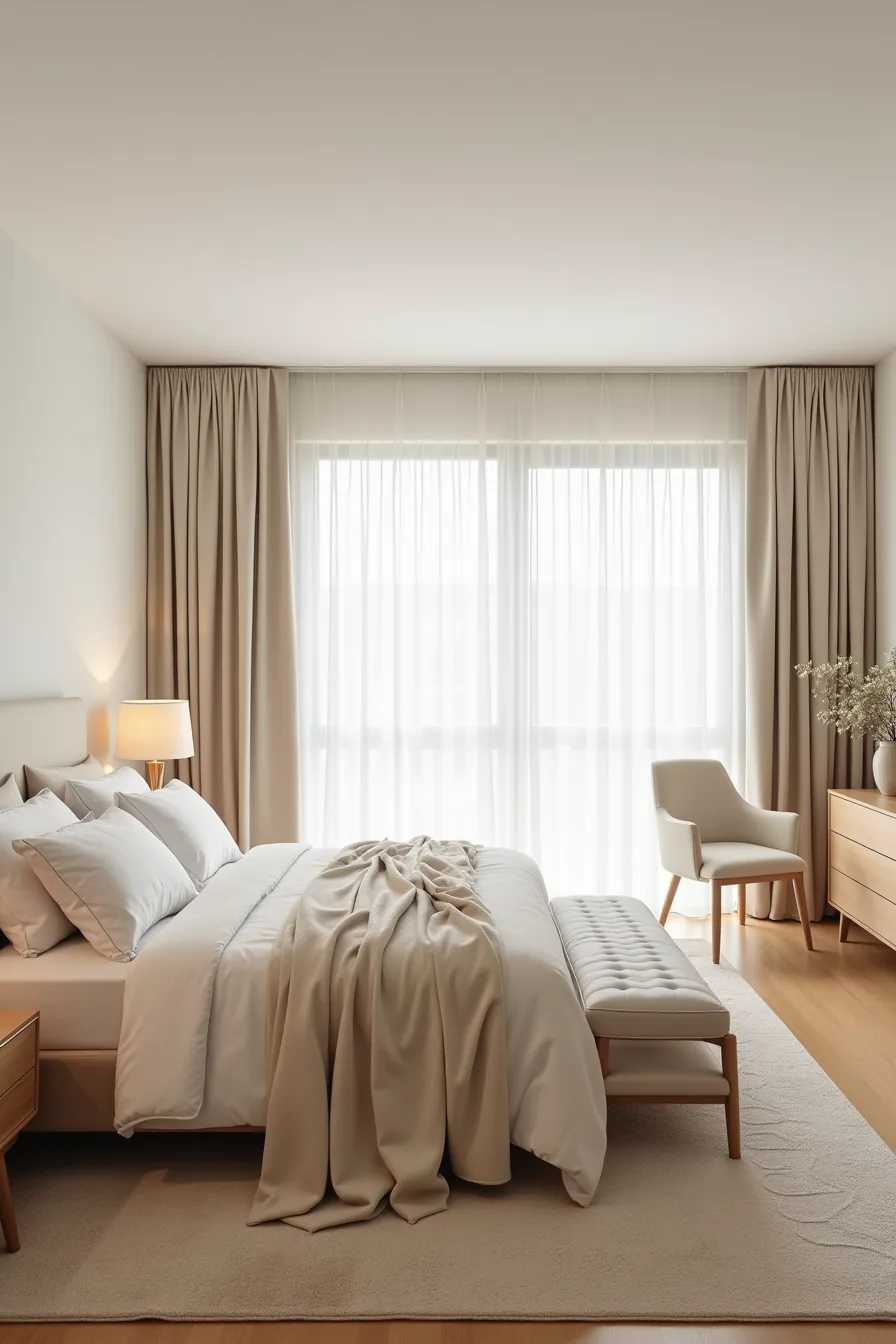 A large-scale rug extends beneath a bed with nightstands and a bench positioned around its edges in a spacious master