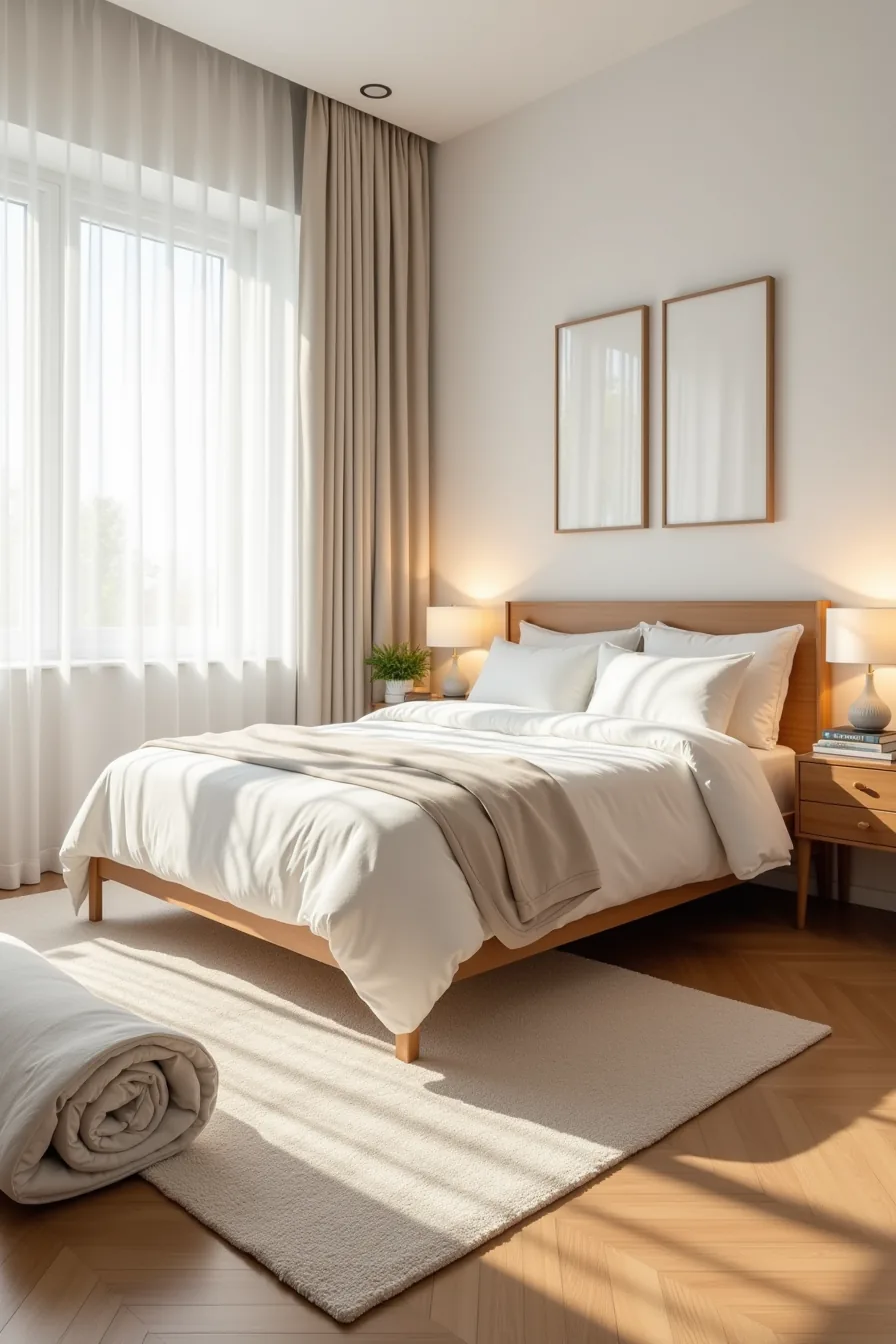 Rental bedroom with rolled synthetic rug and pad contrasts with a permanent bedroom featuring a premium wool rug and