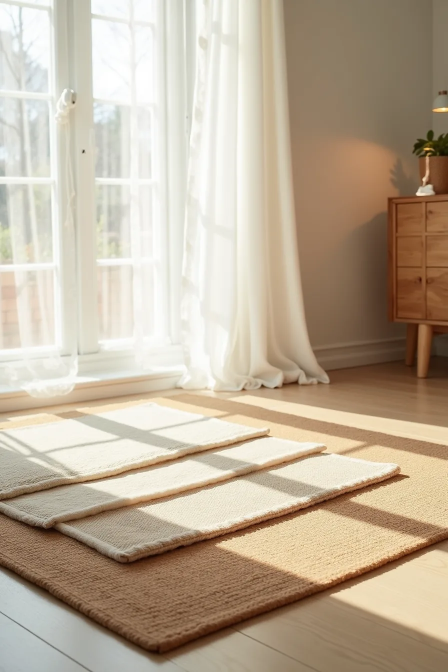 Four rug material samples—wool, jute, synthetic, and sisal—arranged on light wood flooring with soft shadows.
