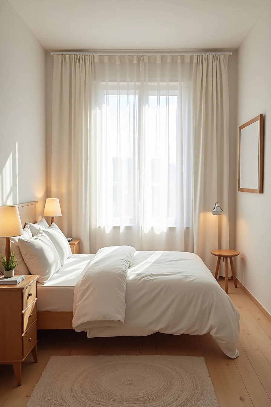 A narrow runner rug runs alongside a bed frame in a tight corridor with a dresser at the foot.