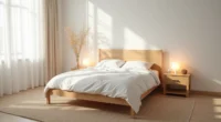 Wool rug extends halfway under a made bed with wooden nightstands on either side, lit by soft morning light.