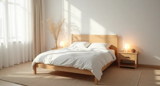 Wool rug extends halfway under a made bed with wooden nightstands on either side, lit by soft morning light.
