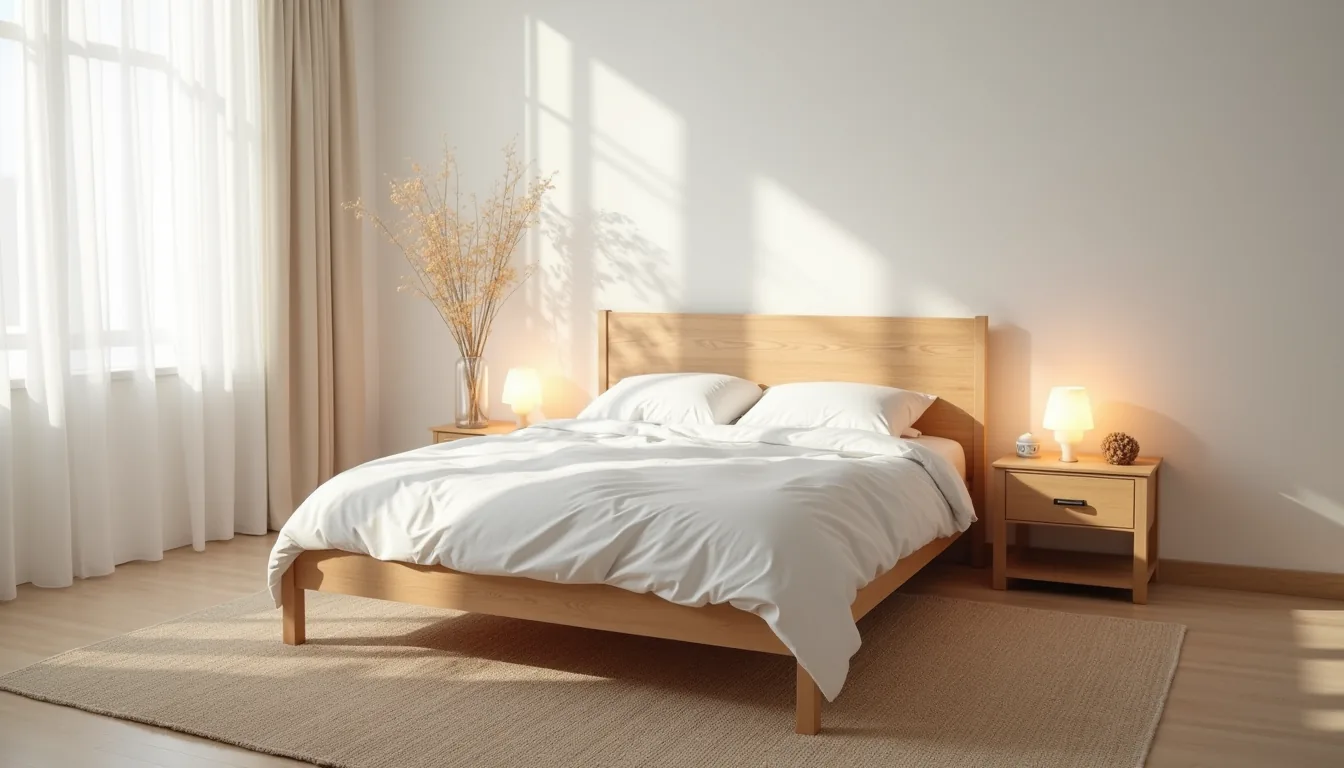 Wool rug extends halfway under a made bed with wooden nightstands on either side, lit by soft morning light.