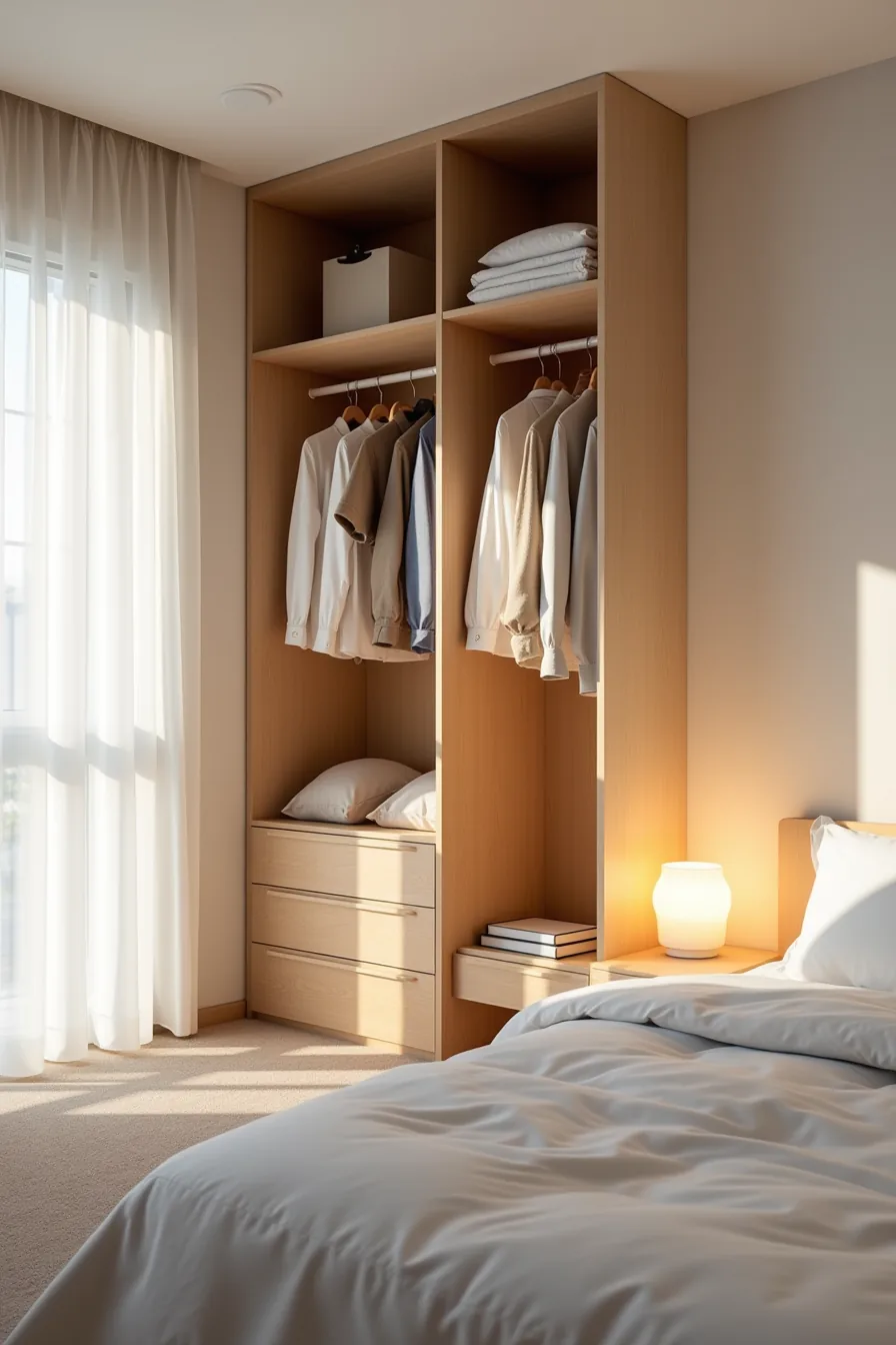 Open closet interior showing wooden shelves, hanging clothes on a rod, and a pull-out under-bed drawer at floor level.