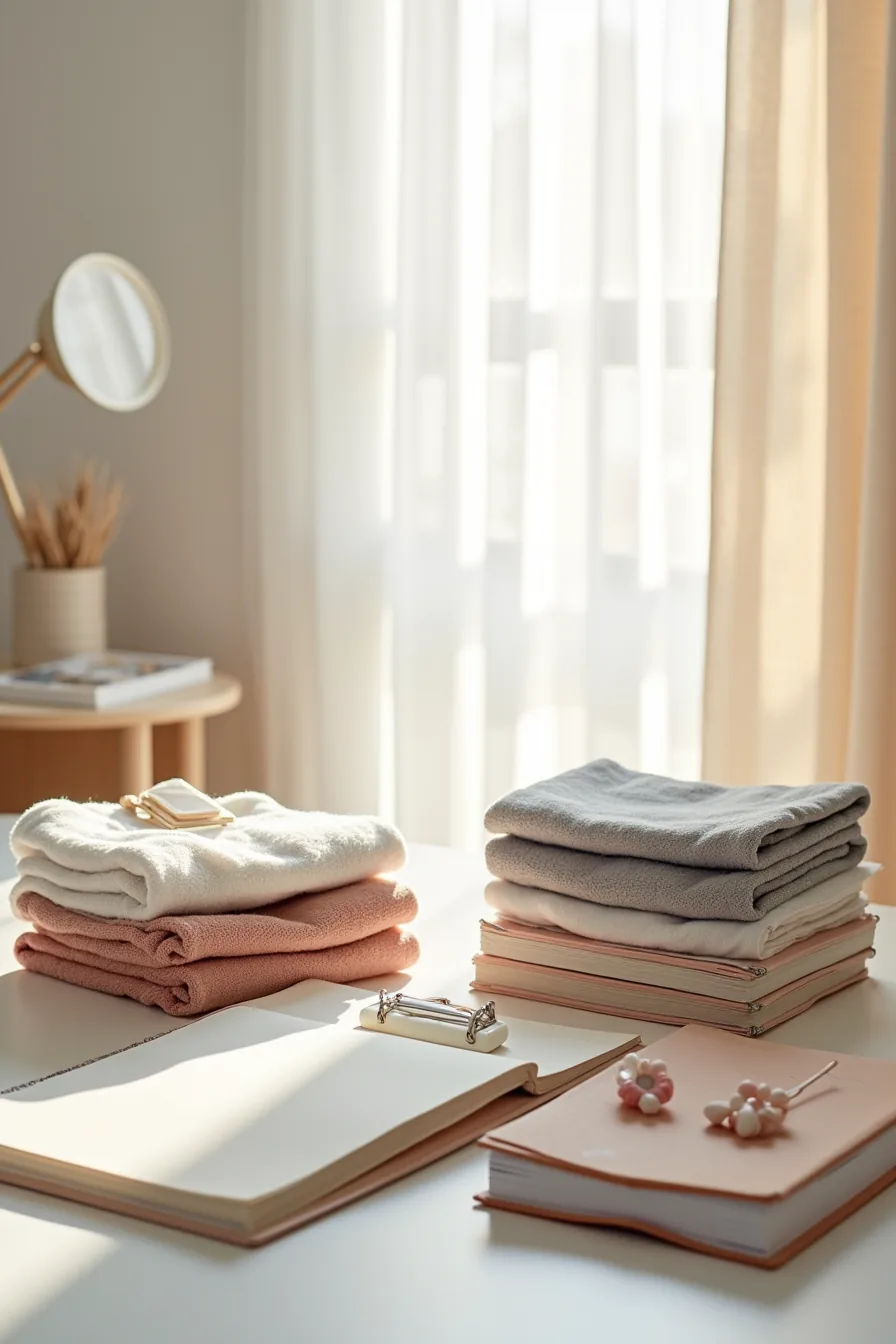 Three separate piles of clothing, books, and accessories with a handwritten category list on a white surface.