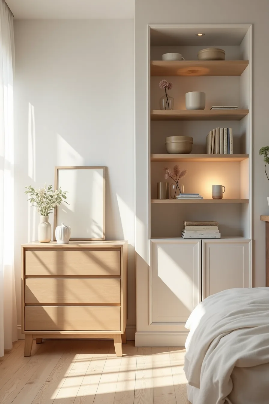 Wooden dresser on the left contrasted with open floating shelves on the right displaying neatly arranged items.