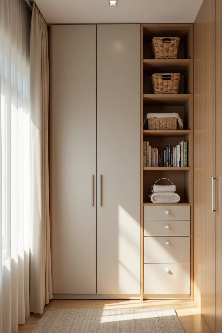 Floor-to-ceiling wall-mounted shelving with baskets and boxes next to a tall narrow cabinet, with clear floor space below.