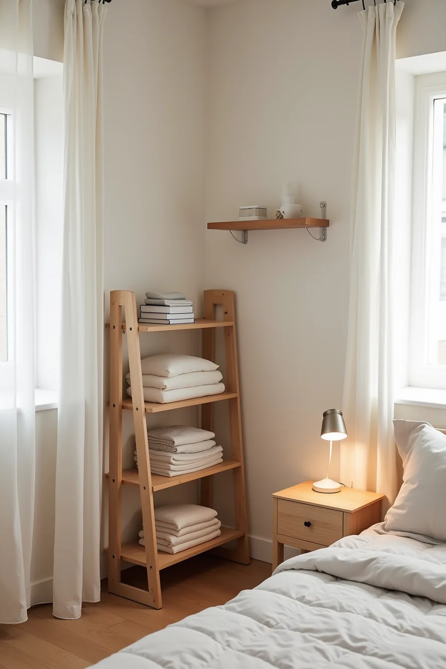 Freestanding modular shelving unit with folded items beside a wall-mounted tension rod shelf in a bedroom corner.