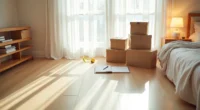 Tape measure, notepad, pen, and stacked storage boxes arranged on a bedroom floor viewed from directly above.