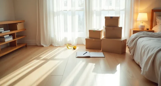 Tape measure, notepad, pen, and stacked storage boxes arranged on a bedroom floor viewed from directly above.