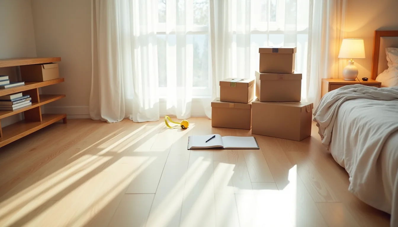 Tape measure, notepad, pen, and stacked storage boxes arranged on a bedroom floor viewed from directly above.