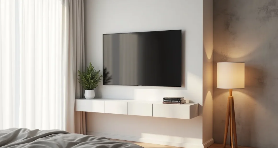 Floating shelf with mounted TV and potted plant against concrete wall, viewed from bed.