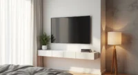 Floating shelf with mounted TV and potted plant against concrete wall, viewed from bed.