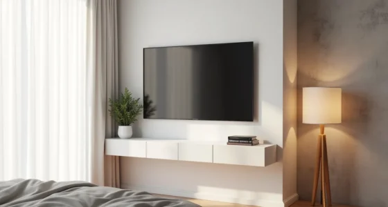 Floating shelf with mounted TV and potted plant against concrete wall, viewed from bed.