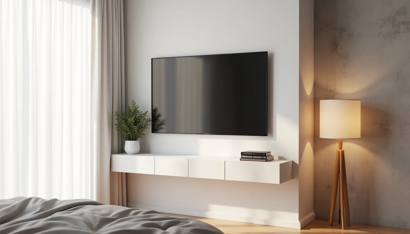 Floating shelf with mounted TV and potted plant against concrete wall, viewed from bed.