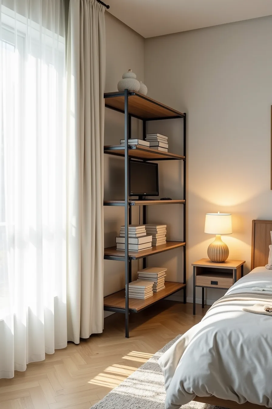 Metal shelving tower with TV on middle shelf, books and decorative boxes on lower tiers.