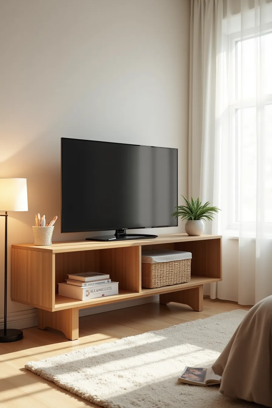 Particle-board console table with 50-inch TV and woven storage basket on lower shelf.