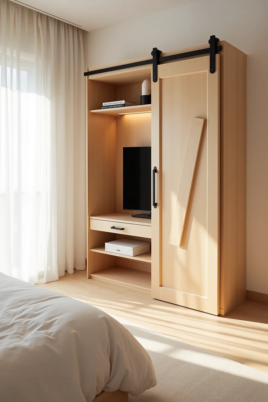 Wooden cabinet with sliding barn door partially closed, TV visible inside on shelf.