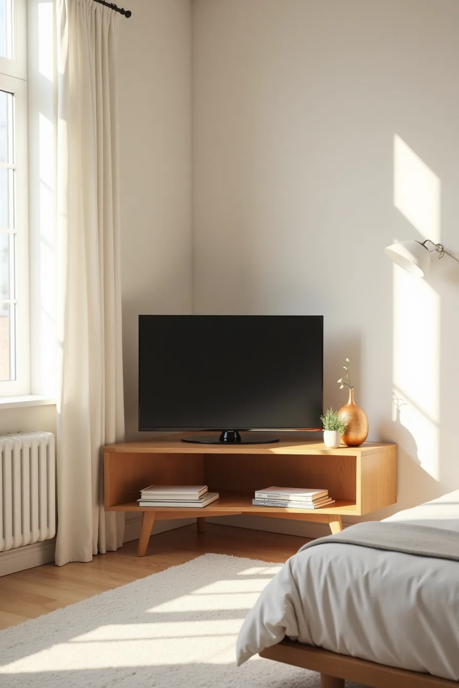 Triangular corner stand with angled TV and decorative items on lower shelf.