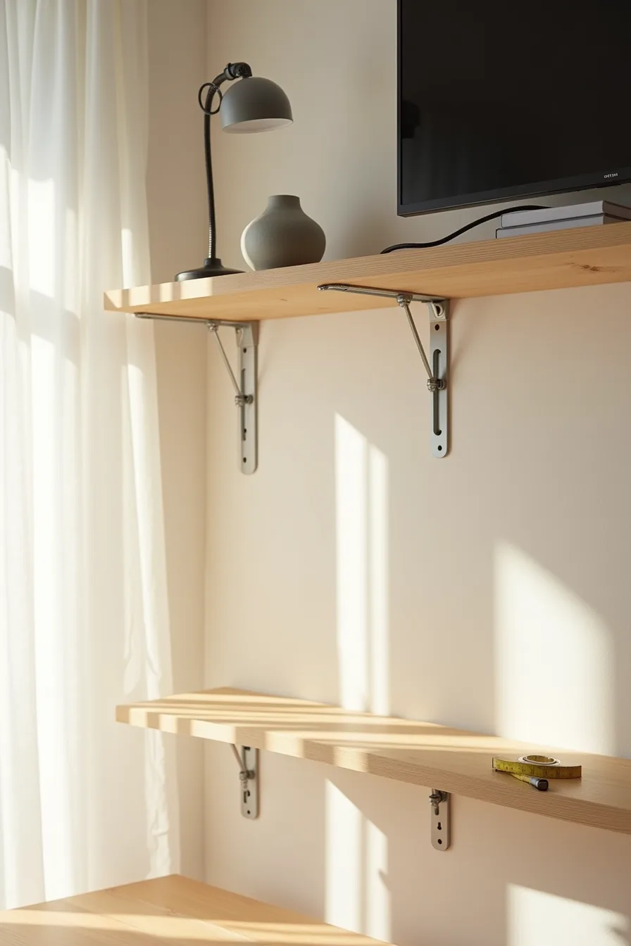 Wall studs with mounting brackets, wooden shelf, and TV installation hardware visible from side.