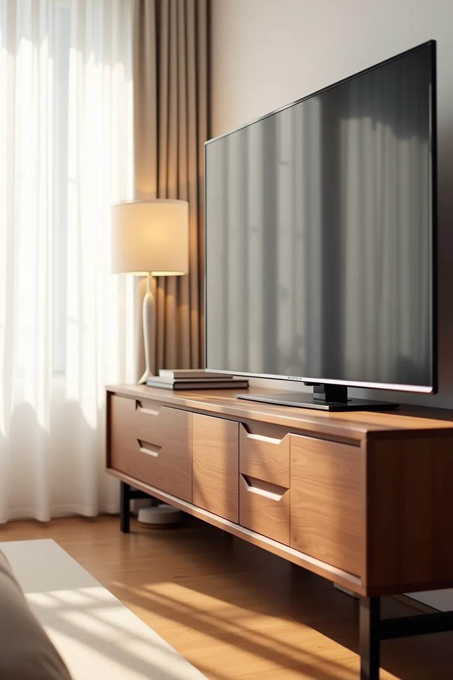 Walnut console with metal frame base, mounted TV, and drawers on hardwood floor.
