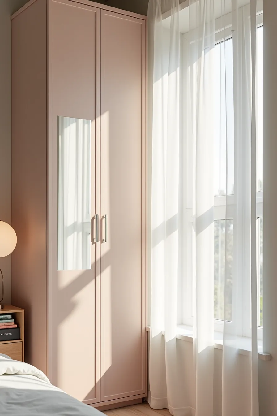 Narrow pale pink wardrobe with chrome handles and a mirrored door panel stands in a bedroom corner beside white bedding.