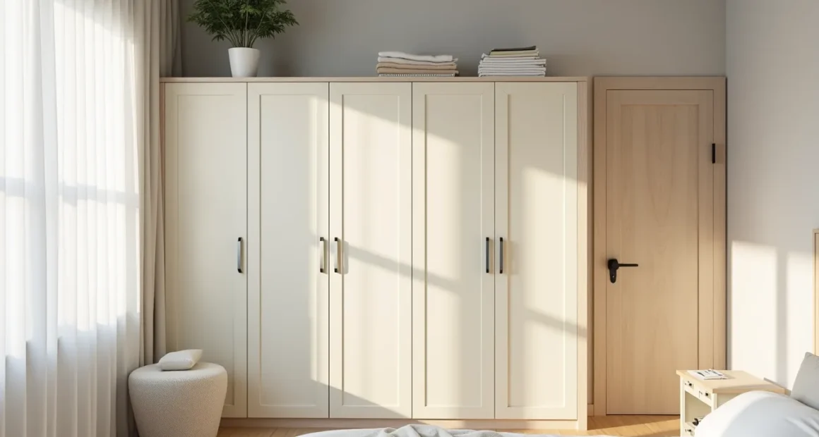 Cream-framed wardrobe with beige doors and chrome handles stands against a pale grey wall, topped with a shelf holding