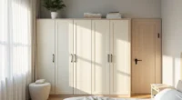 Cream-framed wardrobe with beige doors and chrome handles stands against a pale grey wall, topped with a shelf holding