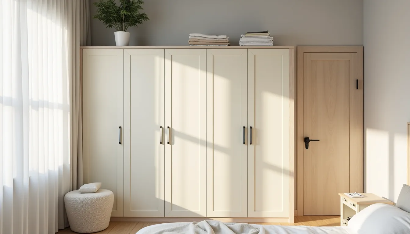 Cream-framed wardrobe with beige doors and chrome handles stands against a pale grey wall, topped with a shelf holding