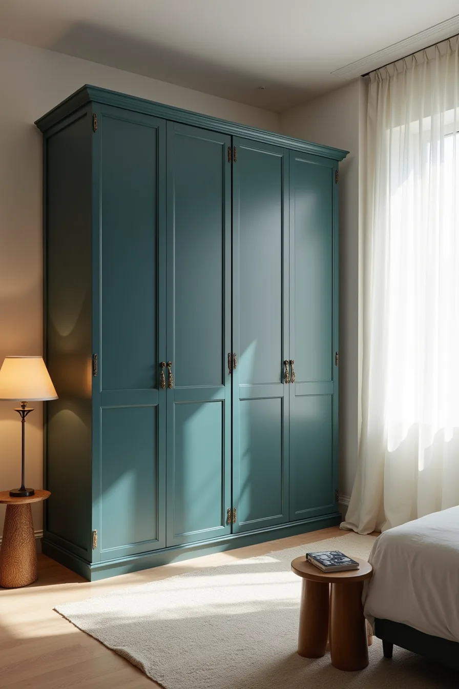 Large wardrobe with deep teal-blue doors, dark wood frame, and polished brass hardware serves as a bedroom focal point with