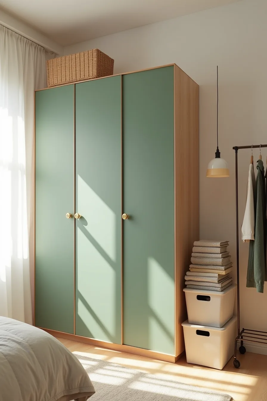 Rental wardrobe upgraded with forest-green peel-and-stick film and brass knobs, flanked by stacked fabric storage boxes and