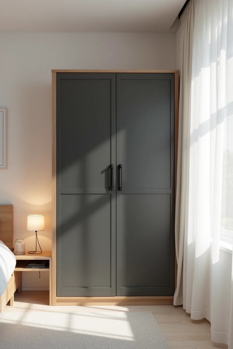 Light oak wardrobe with deep charcoal-black doors and matte black hardware sits on a pale grey rug against a white wall.