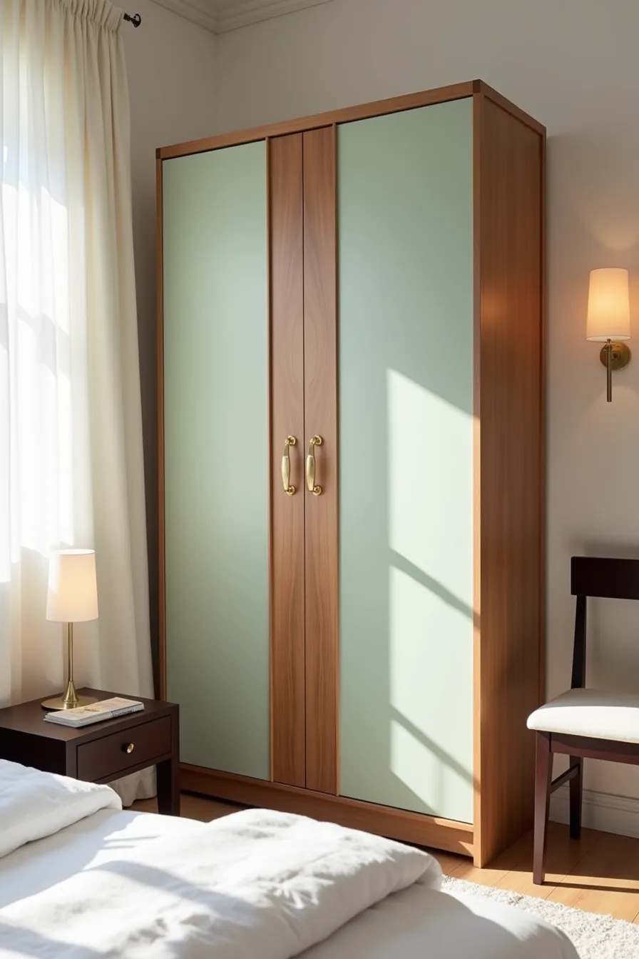 Natural walnut wardrobe with sage-green painted doors and gold handles stands beside a dark wooden nightstand, viewed from