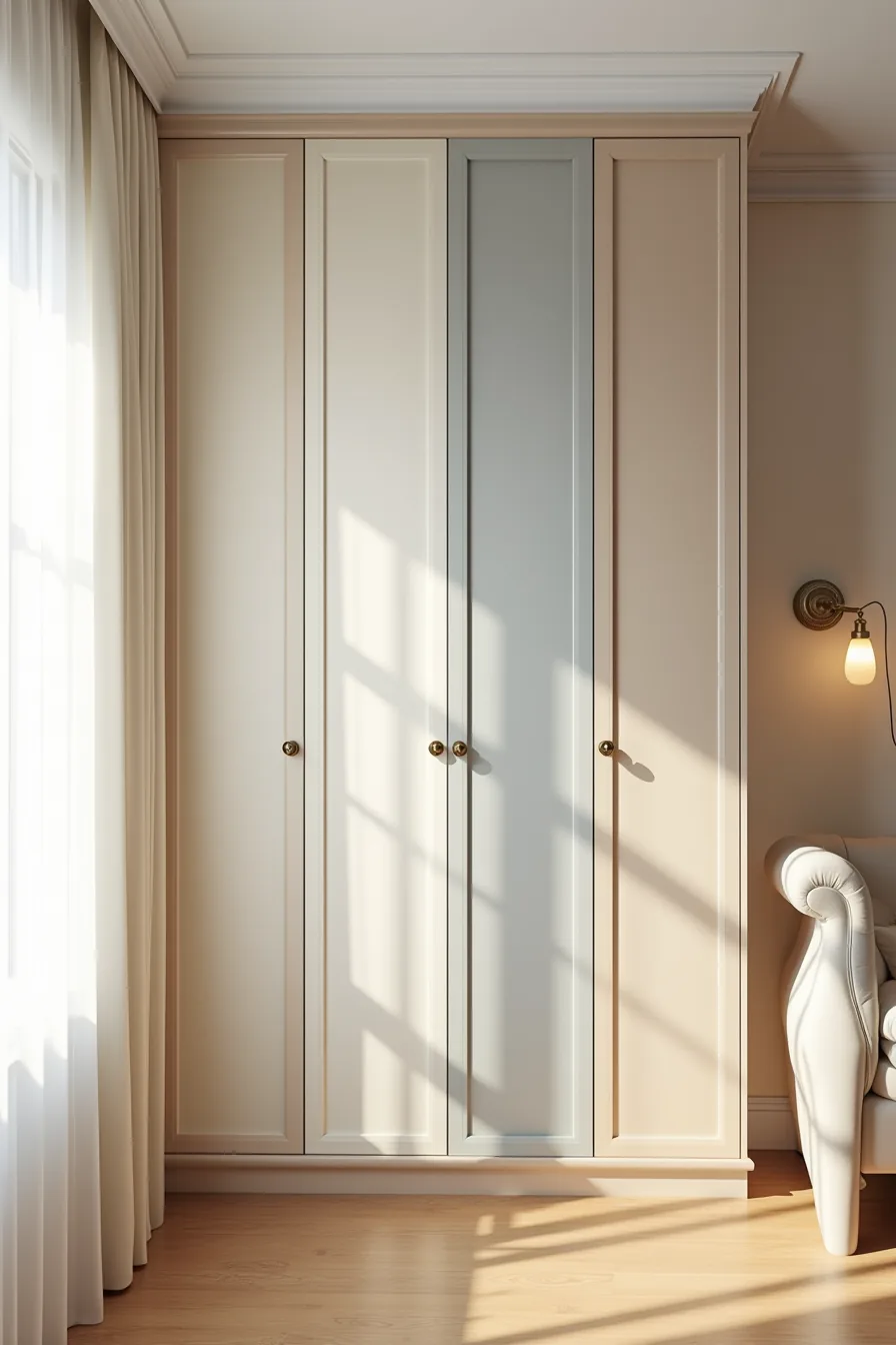 Tall built-in wardrobe with graduated cream, taupe, and grey door panels and brass knobs sits above a warm wooden floor