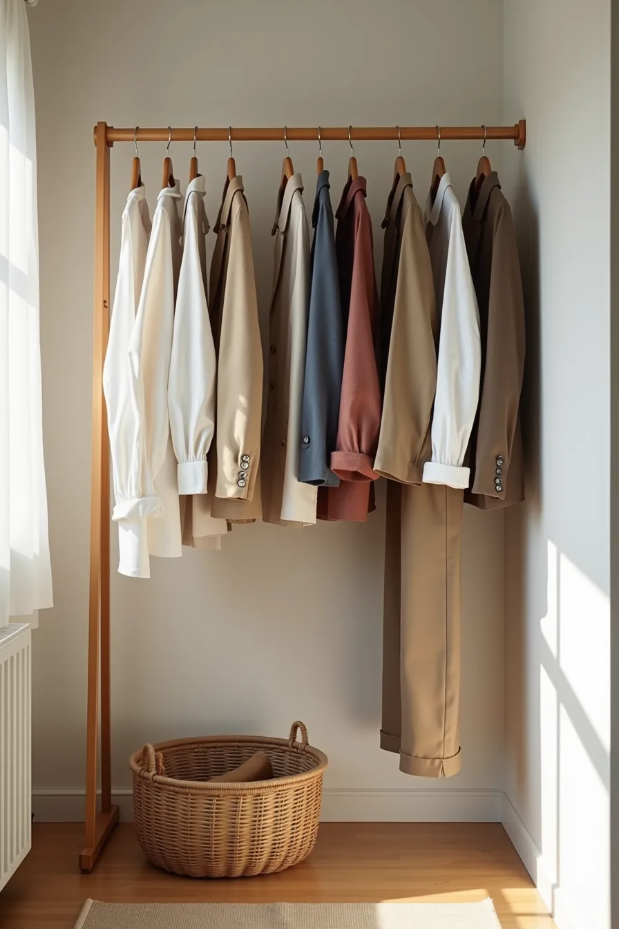 Closet rod with hanging blazers, shirts, and trousers, with a woven basket of off-season items below.